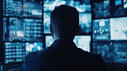 Man Observing Multiple Screens in Dark Control Room Environment