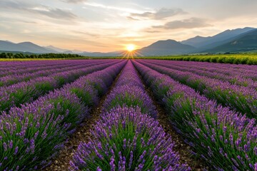 Obraz premium A vibrant lavender field stretches toward the horizon, bathed in a golden sunset, surrounded by mountains and a serene sky.