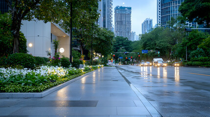 Wet city street, evening traffic, skyscrapers, urban park