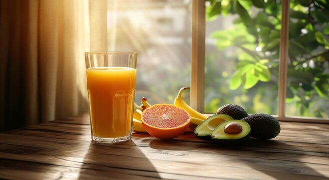 Fresh Fruits and Avocado with Orange Juice on Wooden Table