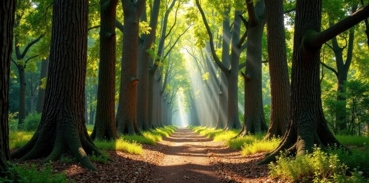 Rows of towering eucalyptus trees, sun-dappled forest floor, wood, planting
