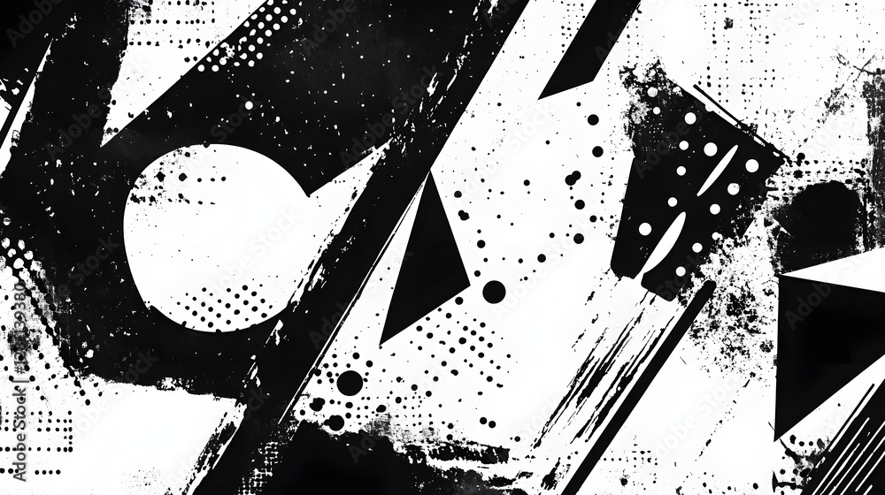 Poster a bold dynamic and visually striking abstract composition featuring a black and white grunge splatte