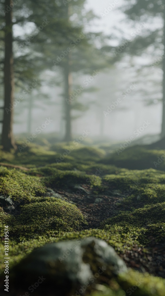 Poster Soft fog envelops the mossy forest floor, creating a serene atmosphere. Tall trees stand silently, while nature awakens in hushed whispers as dawn approaches