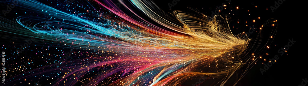 Poster A captivating abstract image depicting a vibrant cosmic explosion of iridescent multicolored lights swirling and flowing trails of energy and mesmerizing digital art effects that create a futuristic