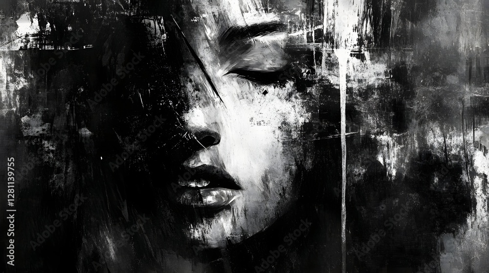 Poster A captivating monochrome portrait of a mysterious and alluring woman with a haunting and ethereal expression  The image is marked by dramatic shadows strong contrast and a moody