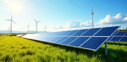 Solar panels on a field, wind turbines in background, green energy, carbon footprint