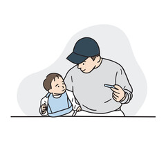 This is an illustration of a father feeding a baby food.