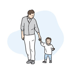 This is an illustration of a father and son walking down the street in a friendly manner.