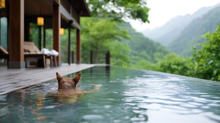 A serene landscape featuring a tranquil pool surrounded by lush greenery and mountains, with a figure enjoying the water.