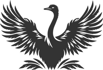 Ostrich with wings spread wide, showing feathers animal silhouette vector