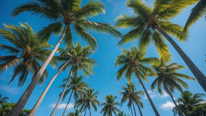A vibrant scene showcasing tall palm trees against a clear blue sky, evoking a tropical atmosphere