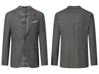 Portrait of men's suit jacket ( blazer ) isolated in white background, invisible ghost mannequin. Fashion industry high-quality studio shot photography. Front and back view.