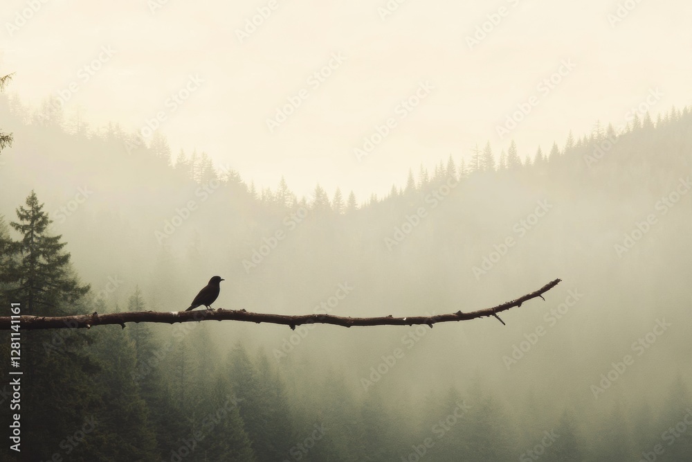 Leinwandbilder Lone bird perched on a dead tree branch against a foggy forest backdrop with ample space for text. Generative AI