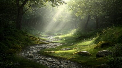 Obraz premium Sunlit Forest Path: A Magical Green Landscape