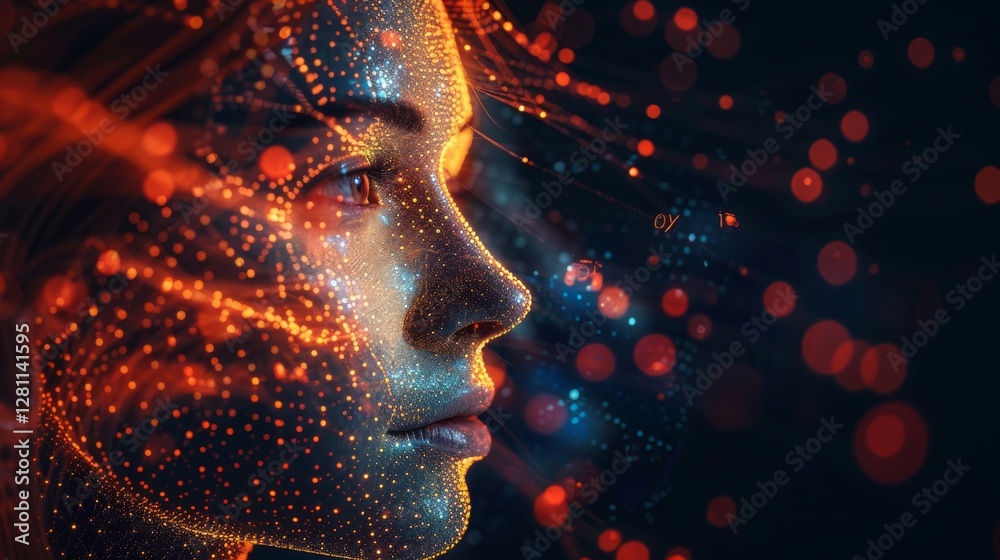 Leinwandbilder a close up of a person focusing on mindfulness and mental health, illuminated by vibrant digital pat