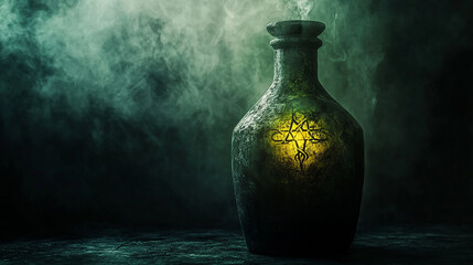 Ancient cursed poison bottle with ominous dark mist