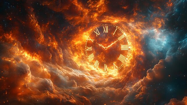 A dramatic and fiery cosmic clock surrounded by a turbulent apocalyptic nebula sky  The image conveys a sense of impending doom transformation and the raw power of the universe