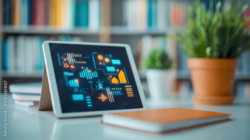 Poster a tablet displaying data visualizations sits on a desk next to a notebook and a potted plant, set ag