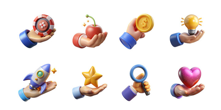 3d hands holding various items, coins and gaming icons. 