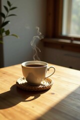 Aromatic Steam Rising from a Warm Mug of Coffee on a Sunny Wooden Table