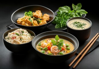 Delicious Asian Cuisine Featuring Shrimp, Noodles, Fresh Vegetables, and Herbs on Dark Background Ready for Dining Experience
