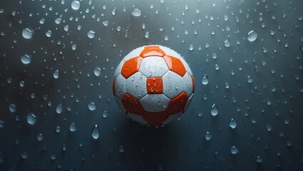Fototapeta premium A close-up of a soccer ball surrounded by droplets of water, creating a dynamic and vibrant atmosphere