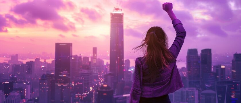 The silhouette of a woman against a cityscape with her hand raised in a gesture of victory, coloured in pink and purple tones, will be a great background for motivational posts