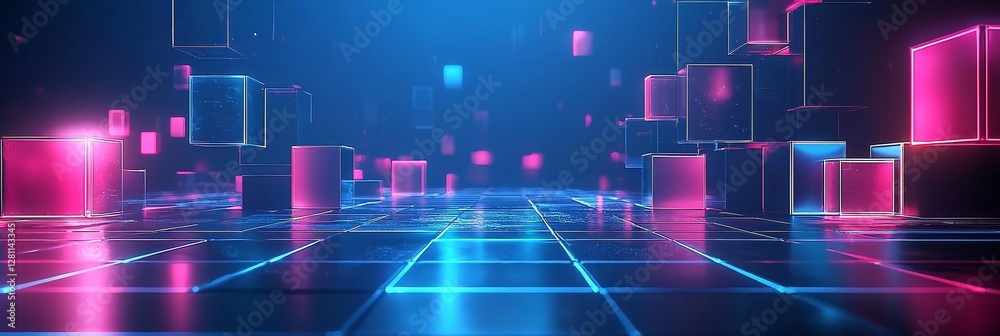 Wall mural a high-tech background with neon lights and data, creating a virtual reality view of a city street, 