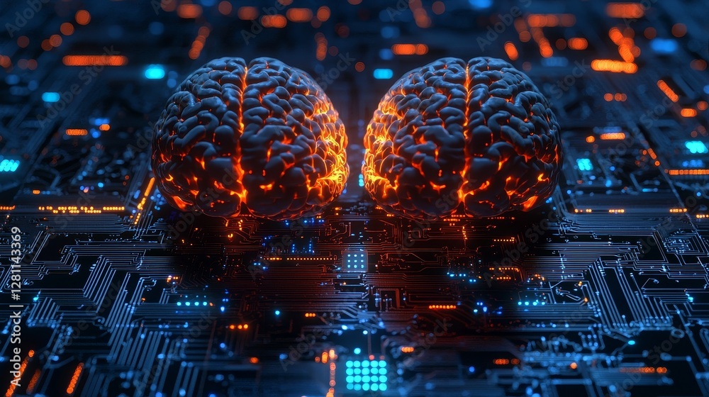 Poster big data and stock market concept. a glowing brain from a processor, symbolizing the synergy of huma