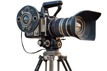 Vintage old movie camera with lens and tripod, isolated on white background, retro professional equipment for cinema and photography