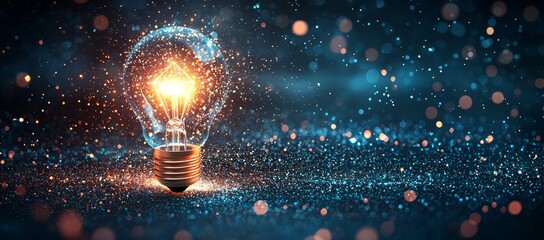A light bulb with an advanced digital network inside, contrasted against a dark technological setting. Illustrating stock and innovative tech concepts.