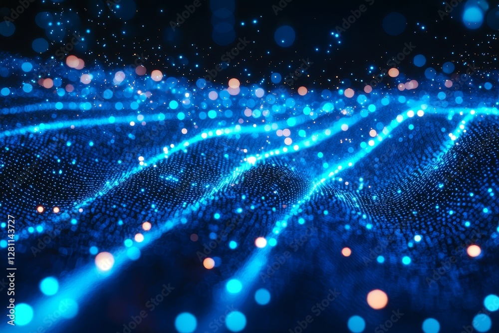 Poster a net of technology lines in an abstract pattern, highlighted with small dots and styled in blue neo