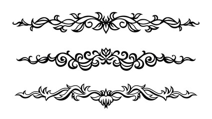 Floral Linear Ornament, Decorative Border, Divider. Hand Draw Vintage Black and White Plant Pattern. Line Art Graphic Element for Tattoos, Invitations, Menus in Retro Design. Classic Calligraphic 
