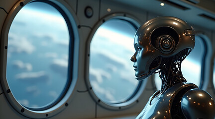Fototapeta premium A futuristic robot with a shiny metallic surface gazes thoughtfully out of a spaceship window, observing the vastness of space and distant clouds