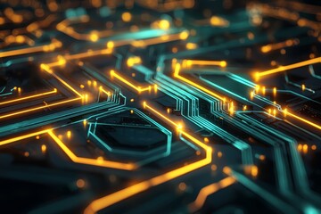 A futuristic electronic circuit board backdrop with lively green and blue lights, encapsulating digital technology, and adaptable for tech and innovation themes.