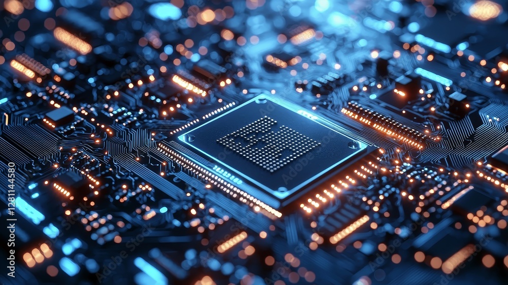 Poster a near view of a circuit board displaying integrated electronics, with a focus on the processor and 