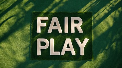 Top view of the phrase 'Fair Play' on a vibrant green grass background, highlighting themes of sportsmanship and integrity