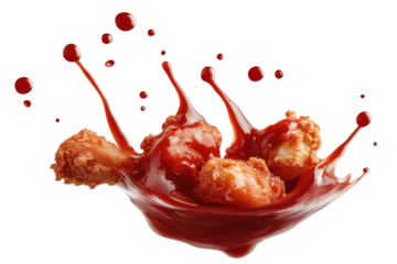 Ketchup sauce splashed on fried chicken wings isolated on transparent background