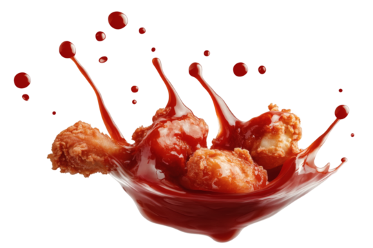 Ketchup sauce splashed on fried chicken wings isolated on transparent background