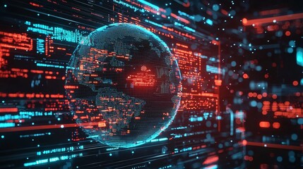 Obraz premium A digital Earth, surrounded by data visuals and graphs, in a futuristic financial setting at night.