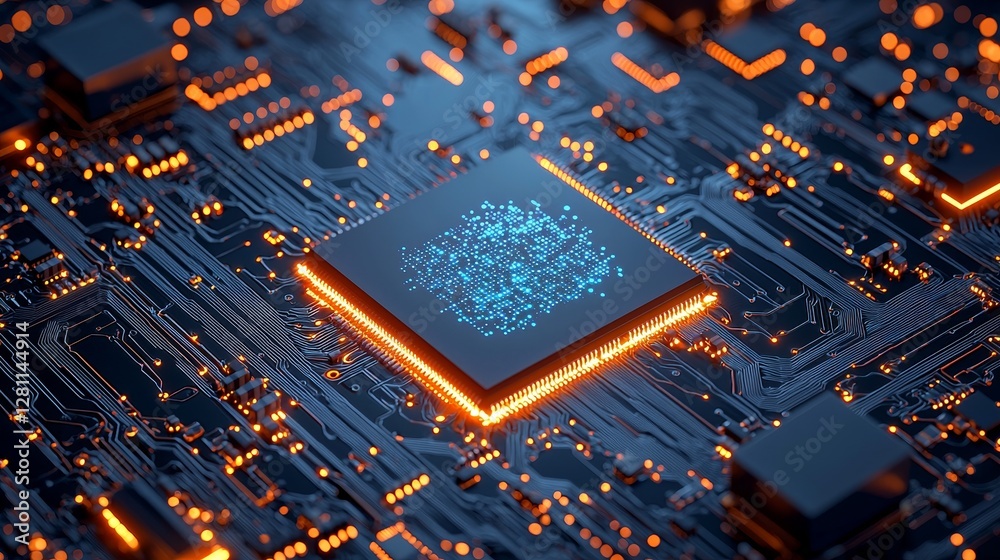 Poster a zoomed-in perspective of a microchip on a circuit board, displaying its intricate features and shi