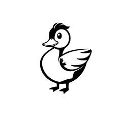 A simplified and cartoony illustration of a cute duck in monochrome style.