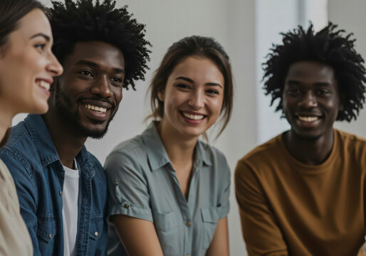 Diverse Group of Friends Listening and Smiling During Emotional Support Session
