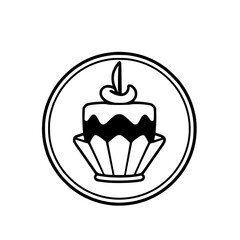 Simplified Black and White Illustration of a Cake with Cherry on Top, in a Circle