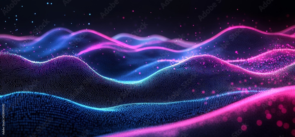 Poster big data theory. a 3d depiction of blockchain. the global database and information waves. neural net