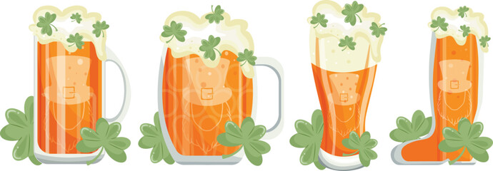set of various glasses with leprechaun print with beer and shamrock, for various designs for St. Patrick's Day