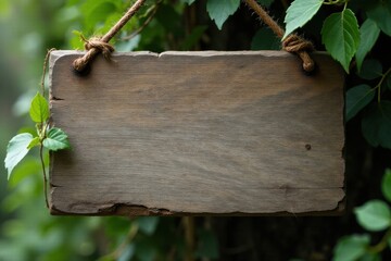 Rustic Wooden Sign Hanging Amongst Lush Greenery, Perfect for Your Message or Announcement