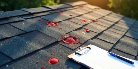 Rooftop Assessment Identifying and Documenting Damaged Shingles with Red Markers and Report