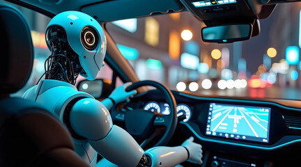A futuristic humanoid robot drives a car through a vibrant city at night, with illuminated buildings and blurred lights creating a dynamic atmosphere