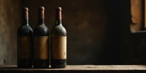 Dusty, aged wine bottles with blank labels rest on a weathered wooden surface against a dark, textured background, hinting at a forgotten cellar and the passage of time.